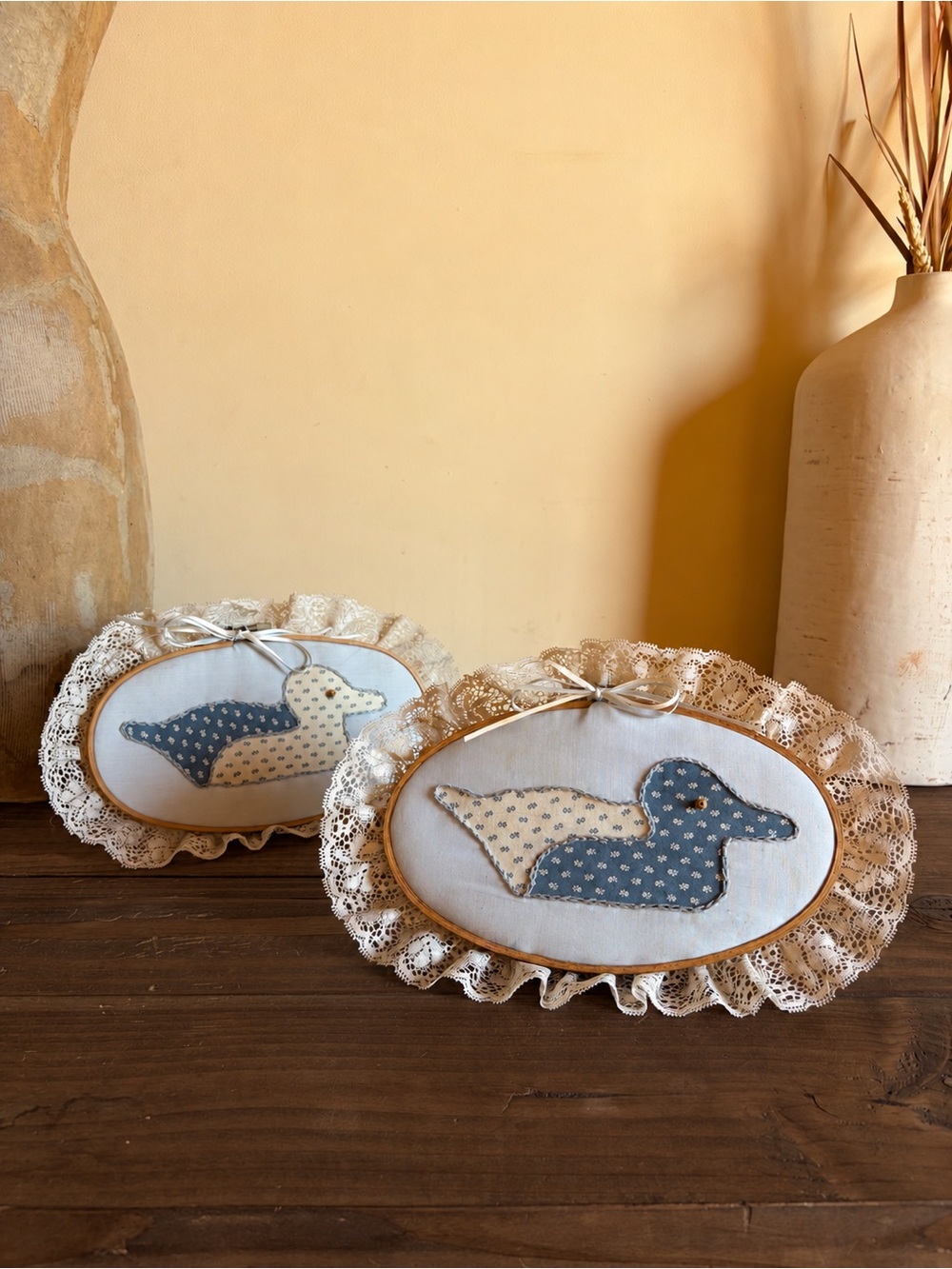 Vtg 70s Quilted Duck Applique Hoop Wall Art Pair Cottagecore Farmhouse